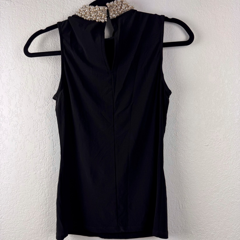 Joseph Ribkoff Black Sleeveless Top Faux Pearl Embellished Mock Neck Size 8 - Picture 4 of 5